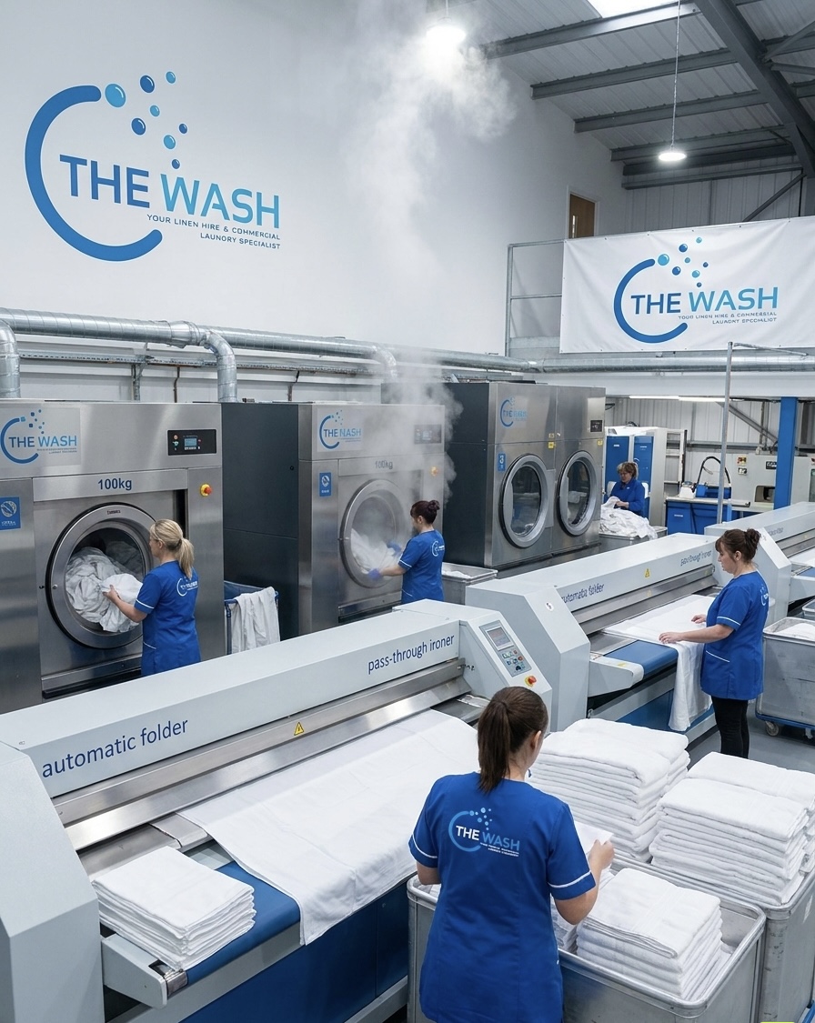 The Wash team folding fresh white linen at the pass-through ironer and automatic folder